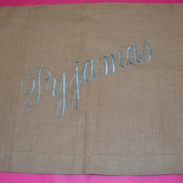 1950s, Natural linen, Blue silk thread Hand embroidered, Vintage Pyjama Nightdress Envelope case.