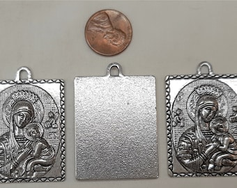 Lot of 3 (Three) large Sculpted Rectangular Our Lady of Perpetual Help Silvertone Religious Medal