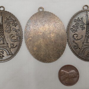 Fun & Fabulous Etched and Festooned Eiffel Tower Oval Charms Brasstone Pendants Medallions Jewelry Making Components Lot of 3