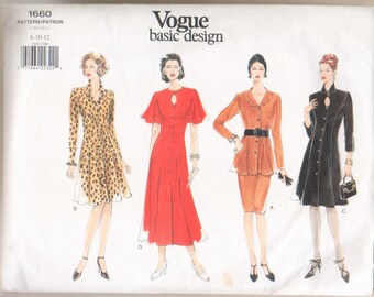 Vintage Vogue Basic Design Pattern #1660 CUT & COMPLETE Nähen Schneiderei Muster Größen 8-12 Kleider mit Halsakzenten