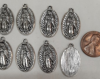 Handsome Etched Accented Oval Our Lady of Guadalupe Silvertone Christian Religious Medal Devotional Jewelry Making Lot of 8
