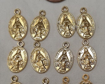 Lovely Lot of 12 Small 14x10mm Shiny Rim Goldtone Miraculous Mary Immaculate Conception Charms Pendants Jewelry Making Components Religious