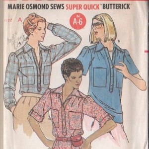 Vintage Butterick Pattern #6273 UNCUT Sewing Dressmaking Pattern Misses Marie Osmond Super Quick Pockets & Point Collar Blouses Size Pet-Med