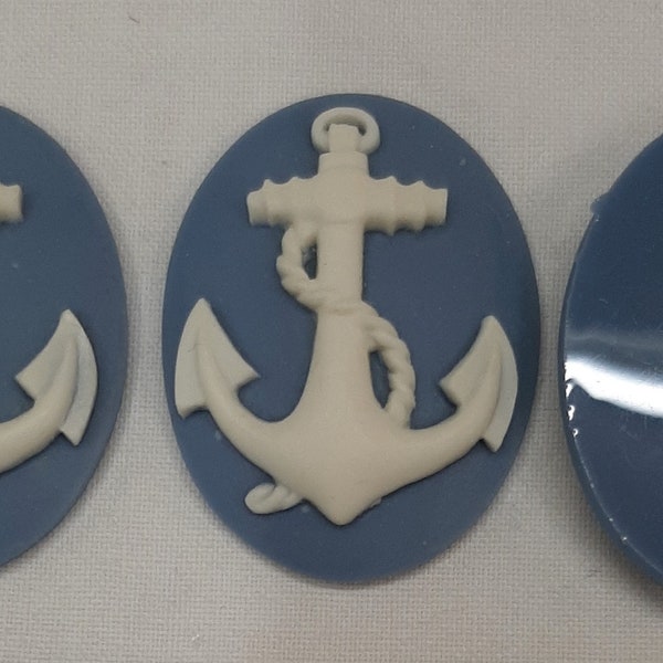 Lot of 3- Medium Blue & White Raised Nautical Anchor Sailors Acrylic Cameo Cabochon Flatback Jewelry Making Components