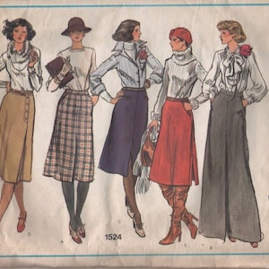May include: Vintage Vogue Basic Design sewing pattern featuring five women's fashion illustrations. The designs include skirts, blouses, and pants. The color palette includes tan, plaid, red, navy, and gray. The pattern number is 1524. The text "Vogue's Basic Design" is visible.