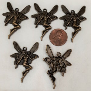 Delightful Bronzetone Winged Fairy Goddess in Flight Figural Fantasy Charms Pendants Jewelry Making Components Lot of 5