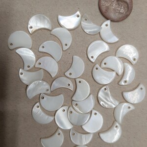 May include: A collection of white, crescent-shaped shell charms with a hole at the top. The charms are arranged in a loose circle on a brown surface.