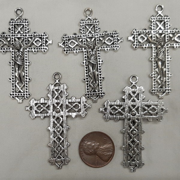 Lot of 5 Shiny Lacy Openwork Lattice Silvertone Crucifix Cross Pendants Jewelry Components Religious Devotional Rosary Parts