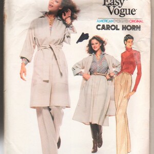 May include: A vintage sewing pattern for a long coat, skirt, and pants. The pattern is by Carol Horn and is called "Very Easy Vogue". The pattern number is 1821.