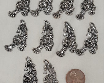 Striking Textured Pouncing & Roaring Tigers Silvertone Charms Pendants Jewelry Making Components Lot of 10