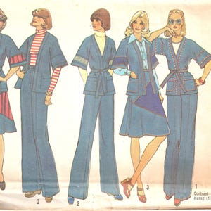 May include: Vintage Simplicity sewing pattern 7271 featuring five women's outfits. The designs include denim jackets, skirts, and pants. The pattern includes a bust size of 31 1/2 inches and size 8. The cover has the text "Contrast zigzag stitching."