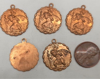 Striking Round Raise Detailed Copper St. Christopher Religious Medal Patron of Travelers Jewelry Making Devotional Components Lot of 5