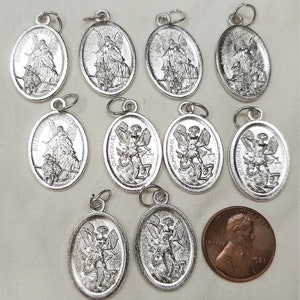 Handsome Silvertone Oval St. Michael the Archangel with Guardian Angel Christian Religious Medal Jewelry Making Lot of 10