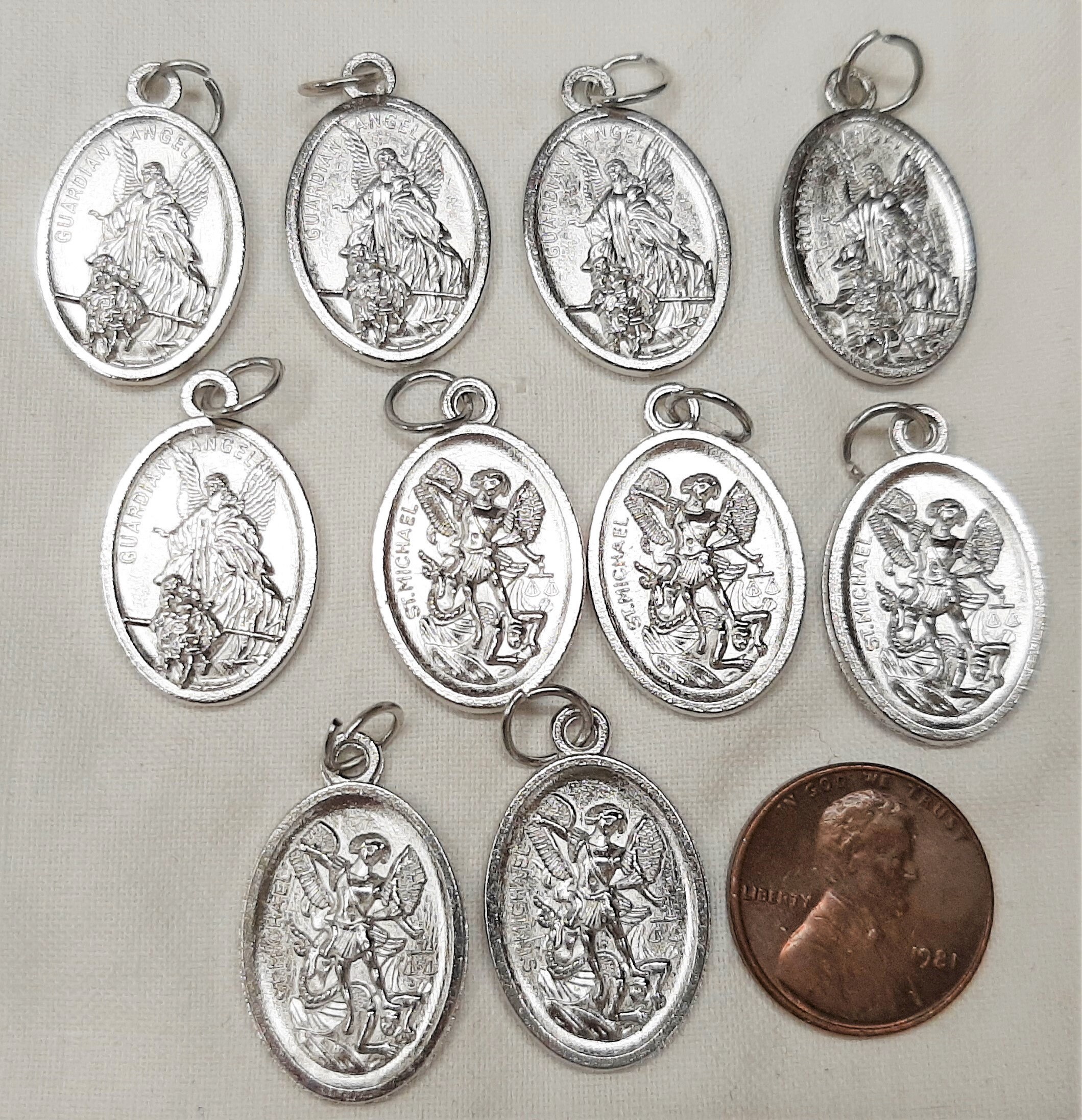 Handsome Silvertone Oval St. Michael the Archangel with Guardian Angel Christian Religious Medal Jewelry Making Lot of 10
