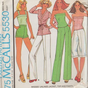 May include: Vintage McCall's sewing pattern featuring illustrations of women's clothing. The designs include a striped top and shorts, a striped jacket and pants, a green tube top and pants, and a striped top with white shorts. The pattern number is 5530.