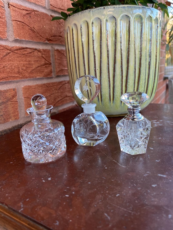 Glass Set of 3 Vintage perfume bottles, Cut glass perfume bottles, Engraved perfume bottle