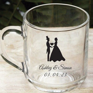 Personalized 10 oz Glass Coffee Mug Bride & Groom Design Wedding Favors Bridal Shower Favors
