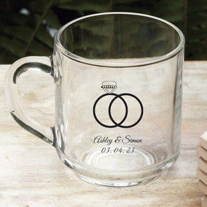 Personalized 10 oz Glass Coffee Mug Wedding Rings Design Wedding Favors Bridal Shower Favors