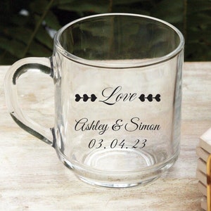 Personalized 10 oz Glass Coffee Mug Love Heart Design Wedding Favors Bridal Shower Favors
