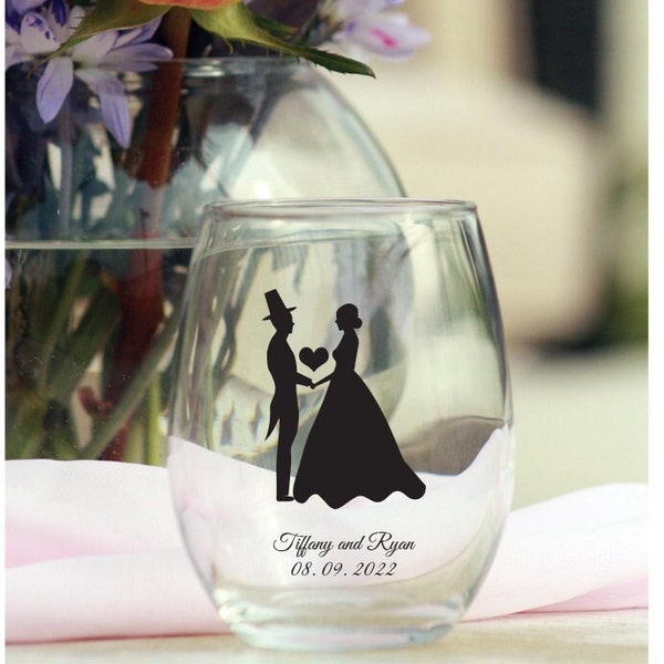 Bride Groom Heart Design 9 oz Wedding Stemless Wine Glass Favors