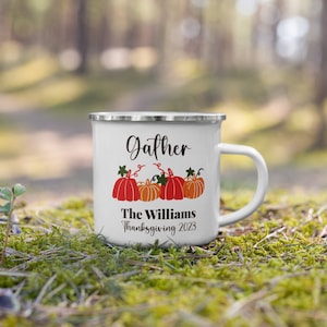 Taza de Camper con diseño de calabaza, para dar gracias, Hola, cartel de otoño, taza de té para acampar, para fiesta de Acción de Gracias, fiesta de otoño, fogata