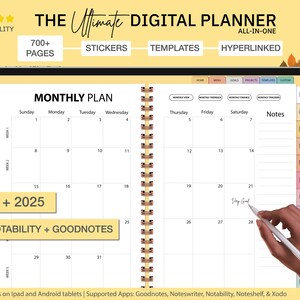 May include: A digital planner for the iPad or Android tablet, featuring a monthly calendar view with the months of January and February 2024. The planner is designed for the apps Notability and Goodnotes. The planner has a yellow background with a black border and a gold spiral binding.