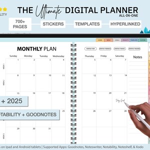 May include: A digital planner for 2024 and 2025 for the Notability and Goodnotes apps. The planner features a monthly calendar view with a notes section. The planner is designed for use on iPad and Android tablets.