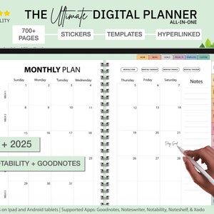 May include: A digital planner for iPad and Android tablets, featuring a monthly calendar view with a green background. The planner is designed for the apps Goodnotes and Notability. The text "2024 + 2025" is displayed in a white box. The planner includes 700+ pages, stickers, templates, and hyperlinks.