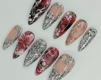 Silver Gothic Press On Nails, Red Flower Nail Art, Metallic Accent F1518