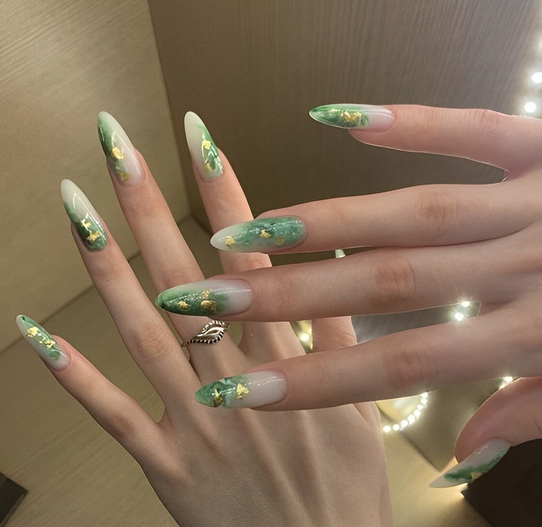 Mint Green and Nude Marble Hand-painted Press on Nails 