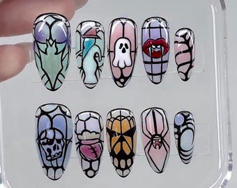 Gothic Stained Glass Press On Nails, Halloween Spooky Nail Art F1480