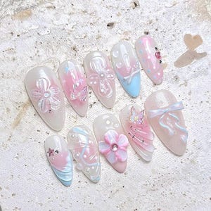 Pastel Bow and Butterfly Nails, Press On Nails, Cute Princess Nails, Fake Nails, Nail Art, Nail Polish, Floral 3D Gel Nails F1386