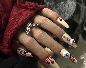 Uñas con ojos sangrientos, uñas de Halloween, uñas largas, uñas con stilettos, uñas sangrientas, uñas con ojos, uñas espeluznantes, uñas de gel 3D F770