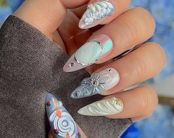 Ocean Wave Koi Fish Press On Nails, Luxury Nail Art F1441
