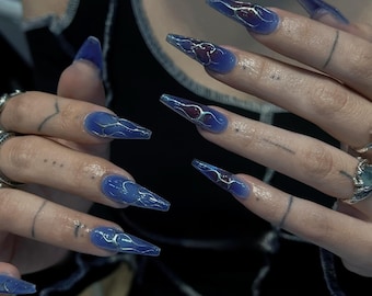 Blue Chrome Gel Press On Nails - Elegant Flame Nail Art F215
