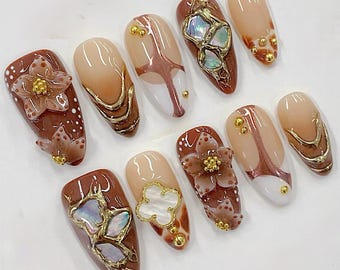 Brown Floral Shell Press On Nails: Gold Outline, Elegant 3D Flower F1654