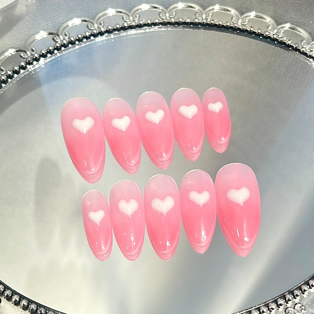 Pink Heart Jelly Press on Nails, Press on Nail, Almond Press on Nail ...