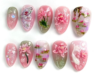 Pink Floral Press On Nails, 3D Lotus, Garden Nail Art F979