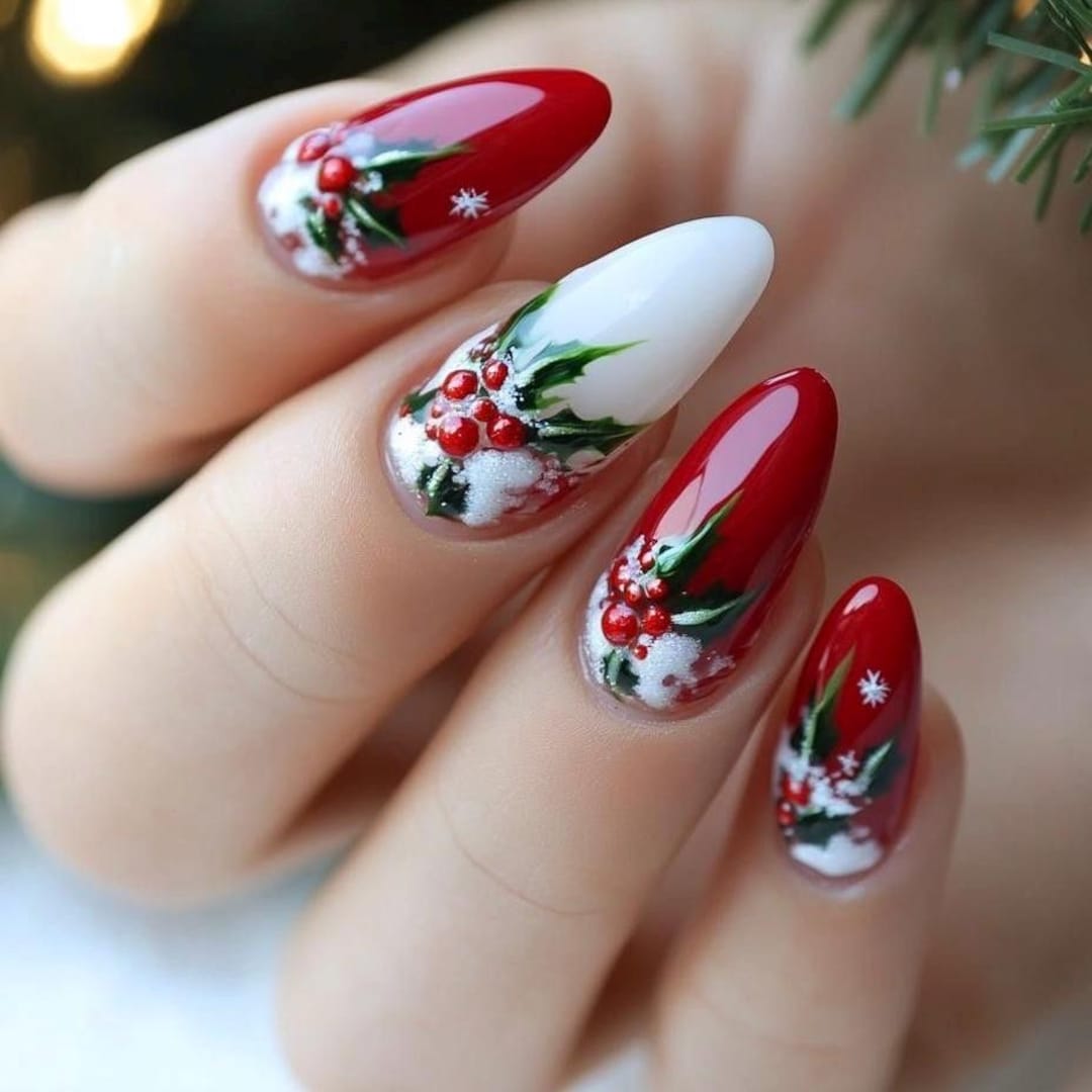 Holly berry nail art on Christmas nails