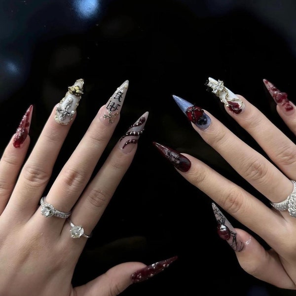 Gothic Snake Press On Nails | Silver Cherry Blossom Nail Art F240