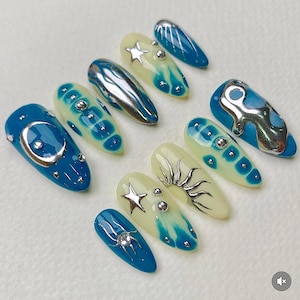 Galaxy Sky And Mirror Nails, Press On Nails, Celestial Nails, Luxury Nails, Fake Nails, Nail Art, Nail Polish, Star Moon 3D Gel Nails F1296