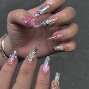 Y2K Cool Gel Art Arcylic Press On Nails Design - Elegant Nail Art | Unique Arcylic Press On Nails | Fake Nails | F213