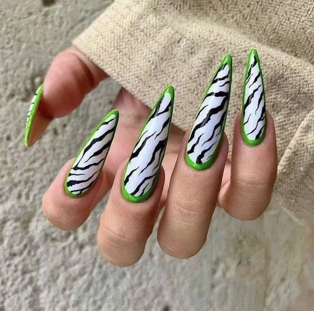 Zebra Green Border Acrylic Nails Press on Nails Gel Custom - Etsy