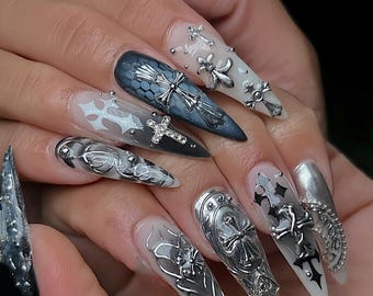 Chrome Gothic Cross Press On Nails, Silver Armor, 3D Punk Nails F1667