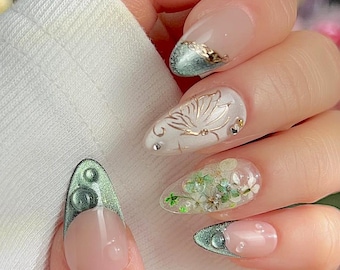 Green Gold French Floral Press On Nails, Pearl Accent, Luxury Fake Nails F1438