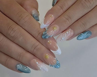 Ocean Shell Pearl Press On Nails, Mermaidcore Nail Art F1197