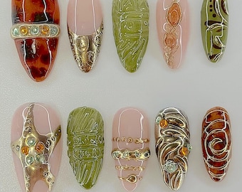 Green Bronze Abstract Press On Nails, 3D Metal Gemstone Nail Art F1573