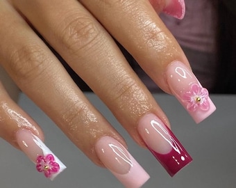 Pink French And Flower Nails |Press On Nails with Silver Cherry Blossom Design - Elegant Nail Art | Unique Acrylic Press On Nails F304