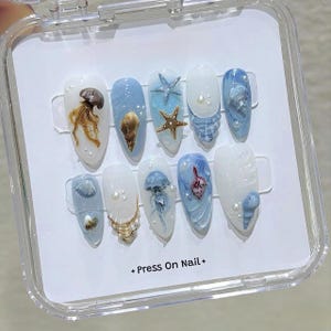 Blue Ocean Shell And Jellyfish Nails, Press On Nails, Summer Sea Nails, Fake Nails, Nail Art, Nail Polish, Shell 3D Gel Nails F1409