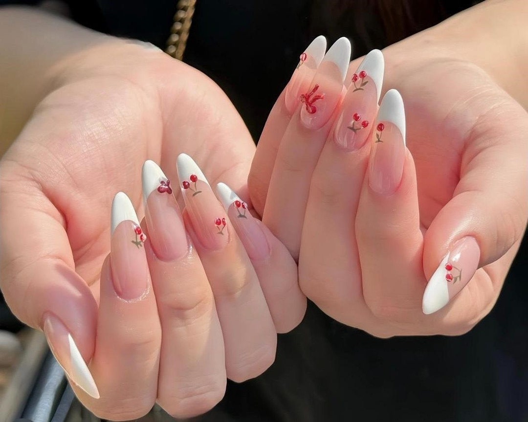 White French and Cherry Nails | |press on Nails With Silver Cherry